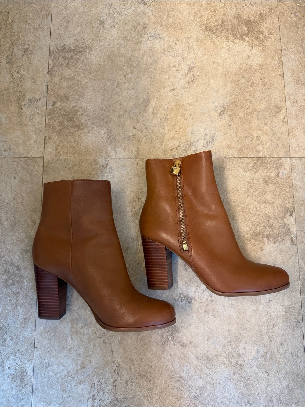 Michael Kors Cognac Leather Ankle Booties with Block Heel